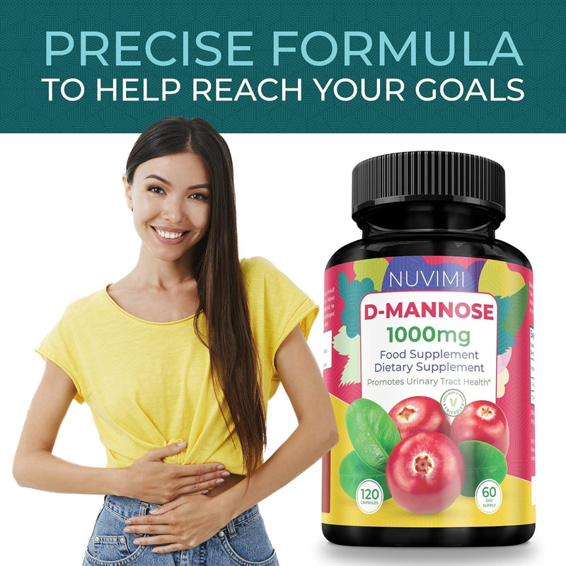 D Mannose 120 Capsules - 1000 mg per Dose - Dietary Supplement | NUVIMI® easy-to-swallow vegan capsules helps block bacteria stickiness for urinary health with no chalky powder. 120 Count (Pack of 1)