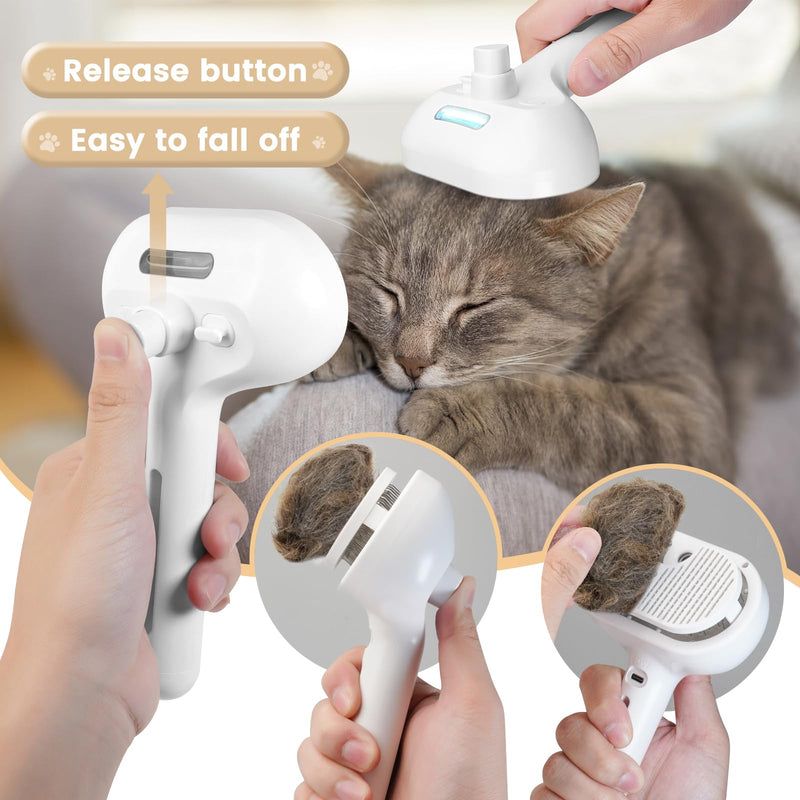 Cat Steam Brush, 3 In 1 Steamy Pet Brush with Release Button and Tank, Anti-Static Cat Steamy Brush for Effective Hair Removal, Rechargeable Steam Cat Brush for Furry Pet White - BeesActive Australia
