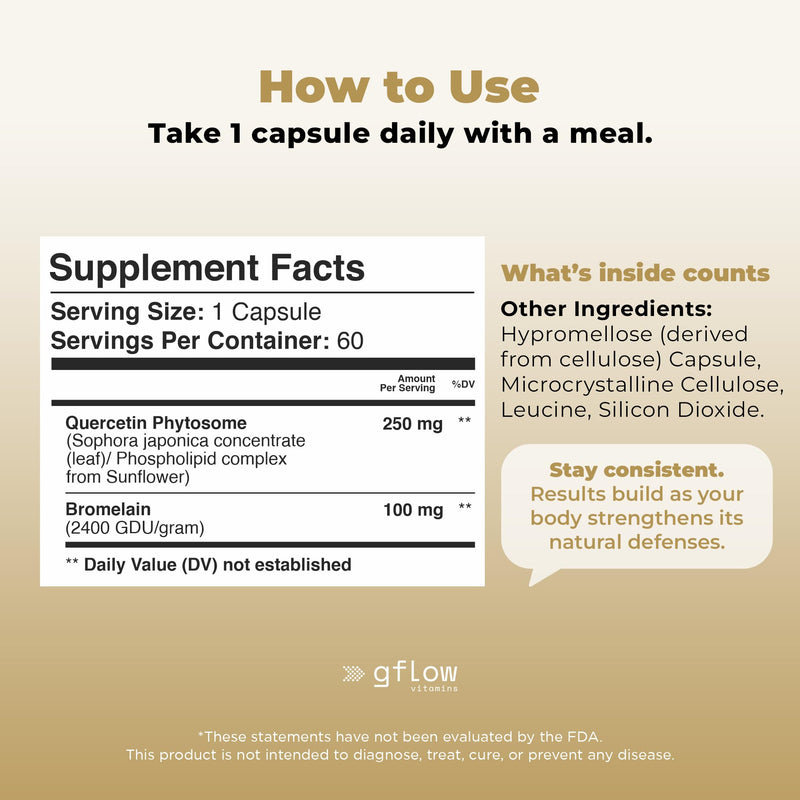 gflow vitamins Quercetin Phytosome 95% Highly Purified with Bromelain | Most Effective Quercetin Form 50X Higher Absorption | Immune Support Supplement Made in the USA
