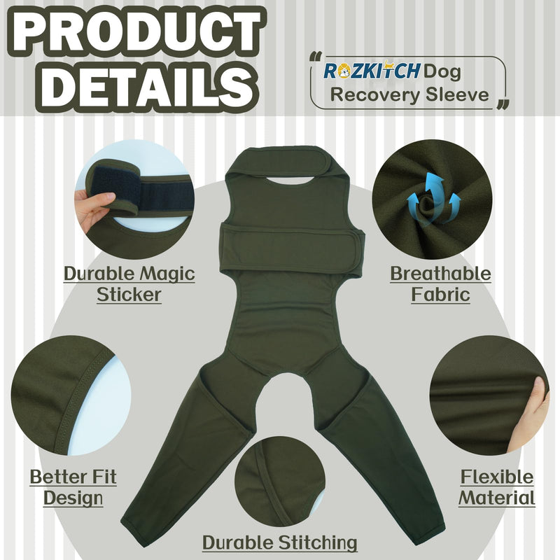 ROZKITCH Recovery Suit for Dogs Rear Legs, Pet Sleeve to Prevent Licking Wound Elbow Protector, Dog Recovery Suit Cone Collar Alternative for Sprain ACL CCL Arthritis Joint Care Green S ArmyGreen