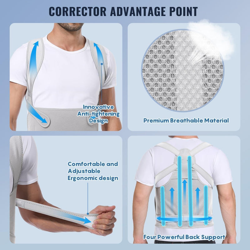 Adjustable Posture Corrector Belt for Women and Men, Back Brace Support, Shoulder Straightener Pain Relief Hunchback Correction, Grey (Medium)