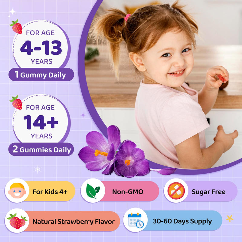 Saffron Gummies for Kids & Adults, 20-in-1 Saffron Supplements with 88.5mg Saffron Extract, B6, B12, C, D3, Magnesium for Calm, Focus, Nerve, Sugar Free, Vegan, Non-GMO - Strawberry Flavor, 60 Counts 60 Count (Pack of 1)