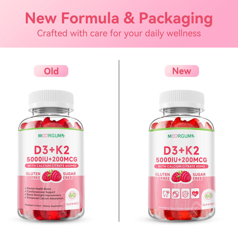 Vitamin D3 K2 Gummies with 5000IU D3, 200mcg K2 (MK-4 & MK-7 Blend), 80mg Calcium, Supports Calcium Absorption, Bone Health & Immune Support, Raspberry Flavor, 60 Count