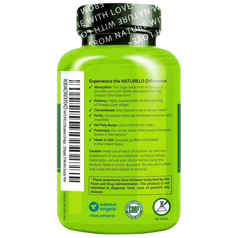 NATURELO Burpless Omega 3 Fish Oil Supplement, 1100mg, 180 Softgels | Triglyceride omega-3, omega 3 DHA EPA, liquid fish oil, 6 months supply 180 Count (Pack of 1)