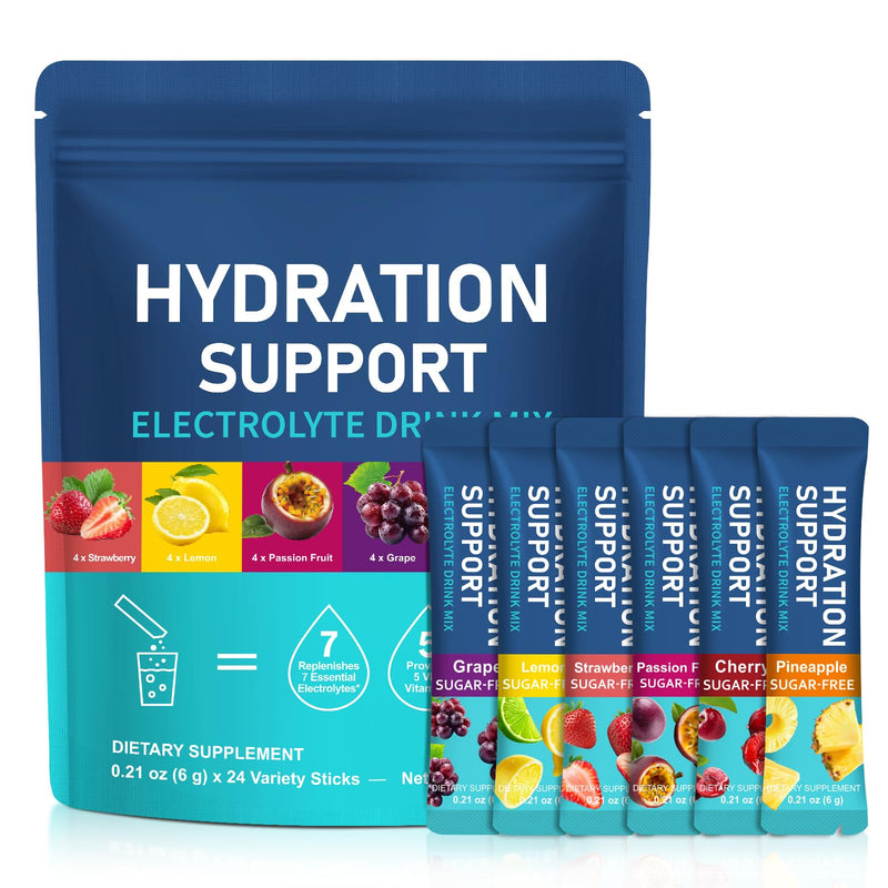 Electrolytes Sachets 24PCS, Electrolytes Powder with Hydration Nutrition, Zero Sugar Hydration Packets with 7 Key Electrolytes & 5 Vital Vitamins for Rapid Hydration, 6 Flavors