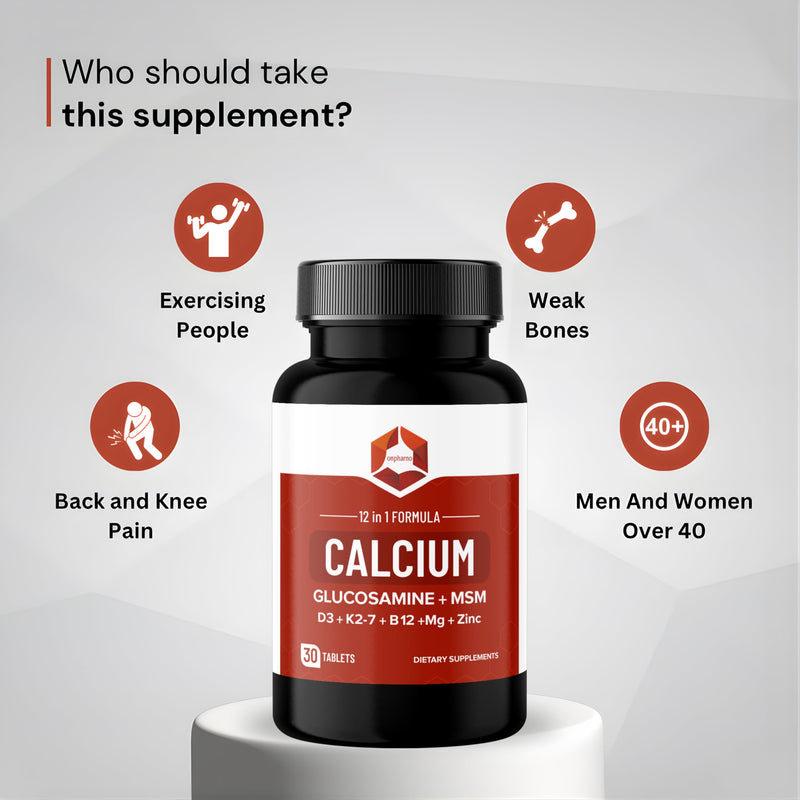 Calcium Tablets with Glucosamine, MSM, Vitamin D3, K2-7, B12, Magnesium & Zinc – 12 in 1 Formula | 30 Tablets | Dietary Supplement