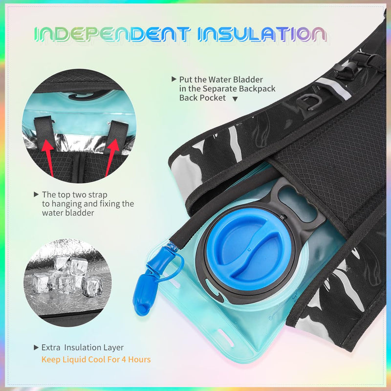 Hydration Backpack with 2L Water Bladder, Raves Water Backpack, Lightweight Insulation Hydration Pack for Men and Women, Suitable for Music Festivals, Raves, Hiking, Activities Transparent Clear