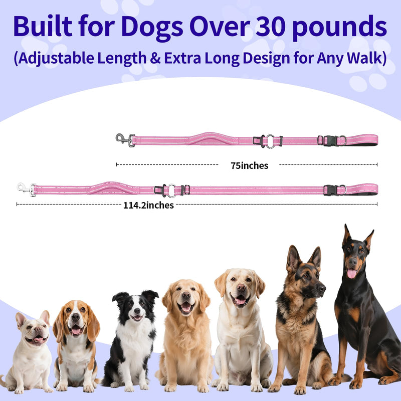 Kazazoo Hands-Free Dog Leash with Adjustable Length 6-9FT + Dual Padded Handles Reflective Safety for Walking, Jogging & Training | Suitable for Medium to Large Dogs & Puppies Pink-L L