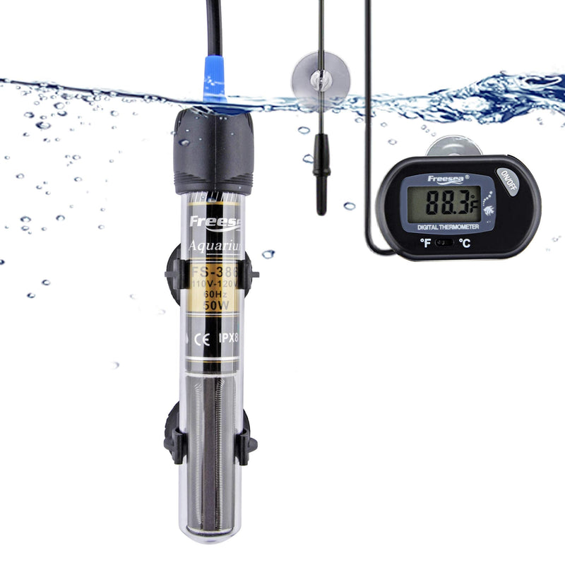 FREESEA 50 Watt Aquarium Submersible Betta Heater with Aquarium Submersible Thermometer 50Watt