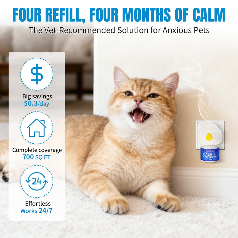 Cat Calming Diffuser Pheromones Effectively Relieve Anxiety Stress Cat Pheromones Calming Diffuser Refill Comfort for Cats Reduce Fighting Spraying Scratching Calm Relaxing, 2 Diffuser + 4 Refills