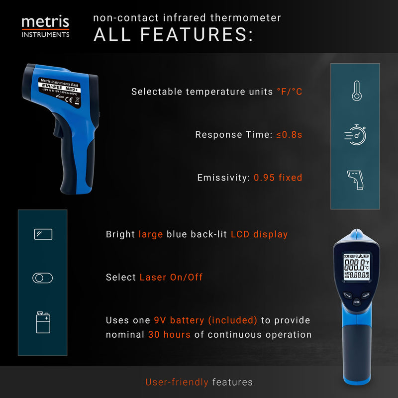 Metris Digital Infrared Thermometer for Aquarium Fish Tank, Reptile, Snake, Terrarium Accessories, Automotive, Laser Temperature Gun with 1-Point Aiming, MMM-2 - BeesActive Australia