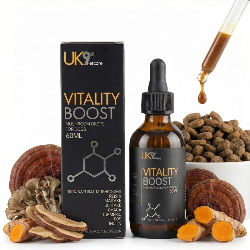 UK9 Vitality Boost, Immune Support Vitamins for Dogs, Wild Mushroom for dogs, with Chaga, Turkey Tail, Shiitake, Reishi and Maitake Mushroom Extract, Beta Glucan 60ml easy dosage liquid k9 drops.