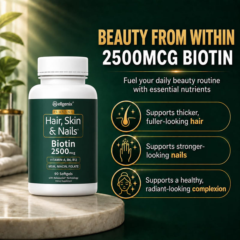 Wellgenix Purvana Hair Skin and Nails Supplement – 2500mcg Biotin Softgels with MSM & B-Complex – Daily Beauty Support for Stronger Nails & Hair Vitality – 90 Softgels | MSM, alpha lipoic acid & grape seed softgels for thicker-looking hair, stronger-lo...
