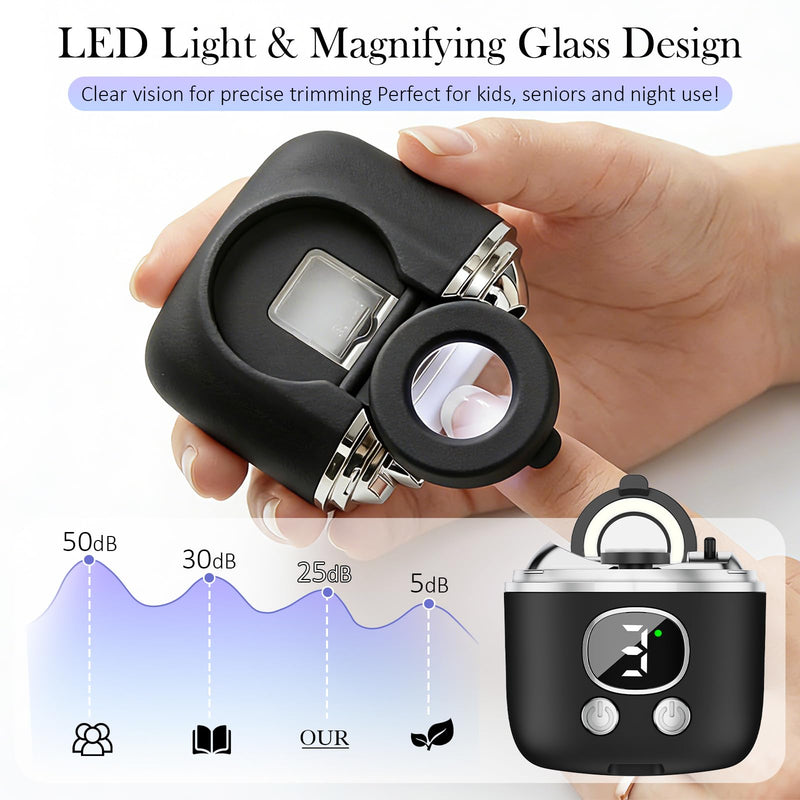 Electric Nail Clipper, 3-Speed Fingernail Trimmer with 2 Trimming Head & Magnifying Glass, Automatic Nail Clipper/Polisher/Grinder with Light for Seniors, Mother‘s Day Gifts for Mom Women Adults Black