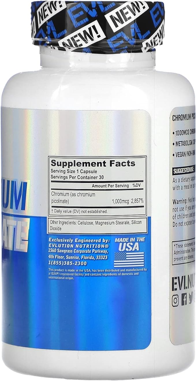 EVLution Nutrition, Chromium Picolinate, 1,000mcg, 30 Capsules - BeesActive Australia