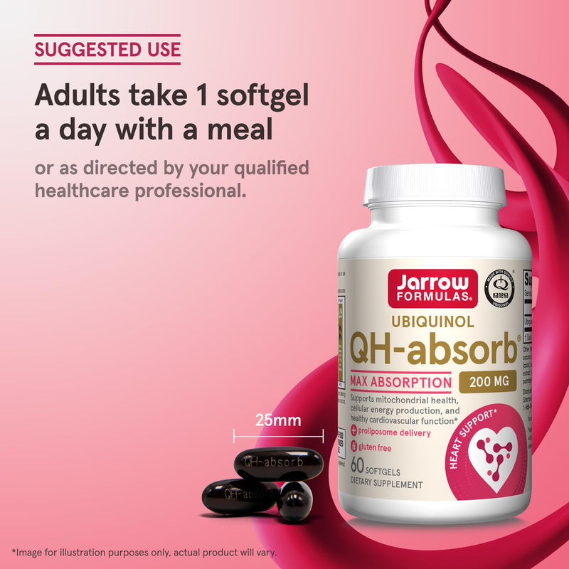 Jarrow Formulas QH-Absorb 200 mg - 60 Softgels - High Absorption Co-Q10 - Active Antioxidant Form of Co-Q10 - Supports Mitochondrial Energy Production and Cardiovascular Health - 60 Servings 1 Count (Pack of 60)
