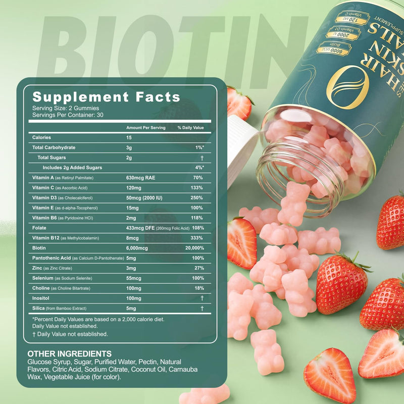 Hair Skin and Nails Gummies with 6000mcg Biotin for Women & Men, 60 Count | Vegan, Beauty Supplement for Healthy Hair, Glowing Skin & Stronger Nails, Daily Vitamins