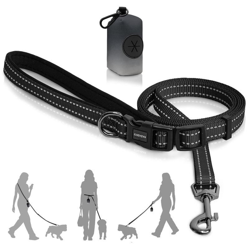 Kazazoo Hands-Free Dog Leash with Poop Bag Holder, Adjustable 4-7 Ft Waist for Dog Walking, Running for Small & Medium Dogs with Reflective Strips, Nylon Waist Belt, Black - BeesActive Australia
