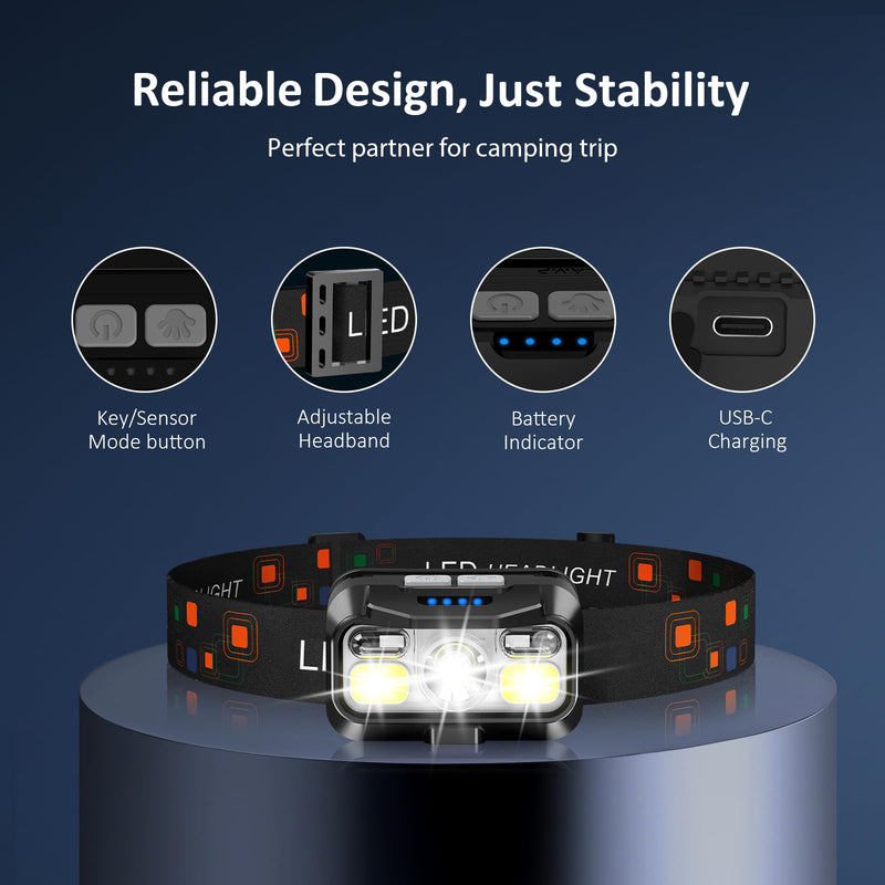 LHKNL Headlamp Rechargeable, Lumen Super Bright Motion Sensor Head Lamp Flashlight, Waterproof LED Headlight with White Red Light, 8 Mode Head Lights for Camping Cycling Running Fishing-4 Packs 4 Packs