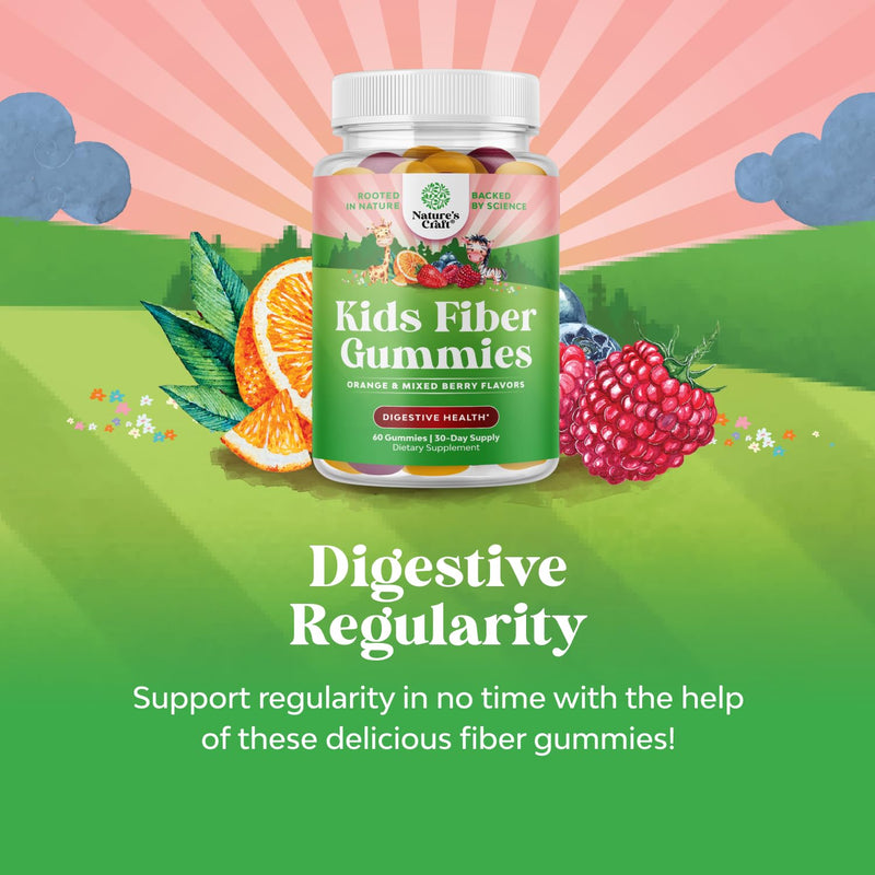 High Prebiotic Fiber Gummies for Kids - Dietary Fiber Supplements for Digestion & Constipation - Chicory Root Kids Immune Gummies - Non-GMO & Vegan Digestive Nutritional Supplements - 60 Count 60 Count (Pack of 1)
