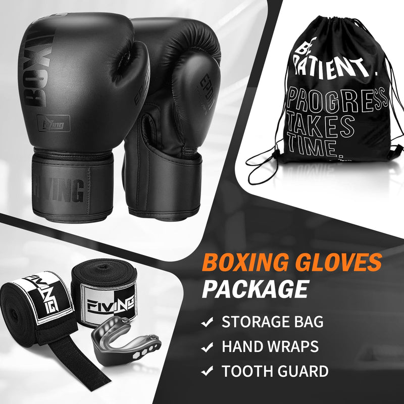 FIVING Boxing Gloves with Hand Wraps for Men and Women Suitable for Boxing Kickboxing Mixed Martial Arts Muay Thai MMA Heavy Bag Training 10oz Black