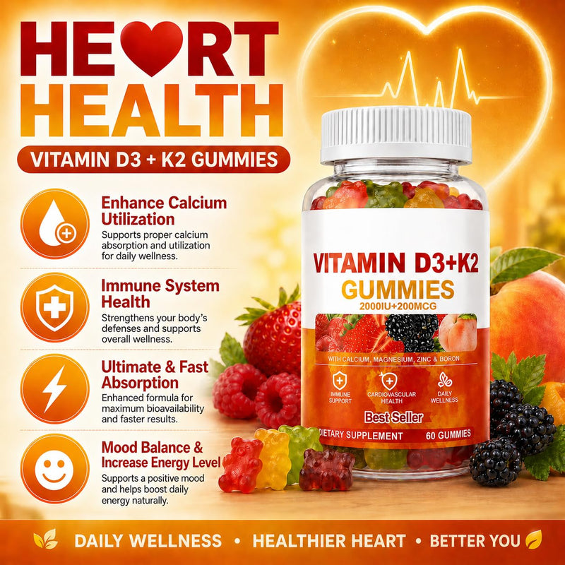 Vitamin D3 + K2 Gummies 2000 IU with Calcium, Magnesium & Zinc, Mixed Fruit | Vegan, Non-GMO, Gelatin-Free and Sugar-Free With Vitamin C, Boron and Mk-7 For Immune Function and Everyday Wellness Support.