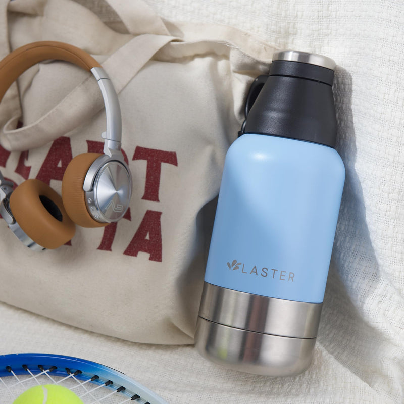 LASTER 32 Oz Multi-Functional Stainless Steel Pet Water and Snack Bottle | Detachable Food and Water Bowls |Hot & Cold Liquids | Portable | Insulated |Travel | Human and Pet | Hiking | Camping| Park Blue - BeesActive Australia