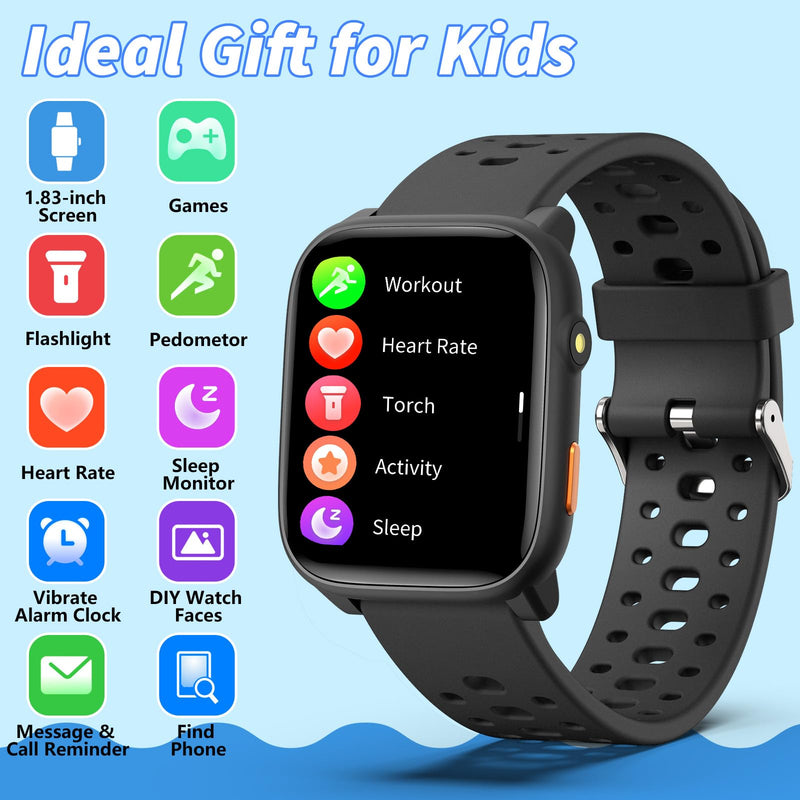 Kids Smart Watch with Puzzle Games, 1.83" Kids Watches Heart Rate, Sleep Monitor, Pedometer, Alarm Clock, Flashlight, Gift for 6-16 Year Old Boys Girls Toys (Black) Black - BeesActive Australia