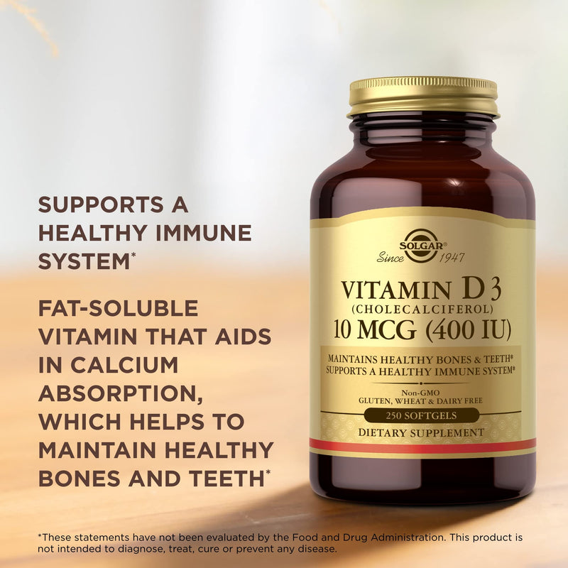 Solgar Vitamin D3 (Cholecalciferol) 10 mcg (400 IU) - 250 Softgels - Helps Maintain Healthy Bones & Teeth - Immune System Support - Non-GMO, Gluten Free, Dairy Free - 250 Servings