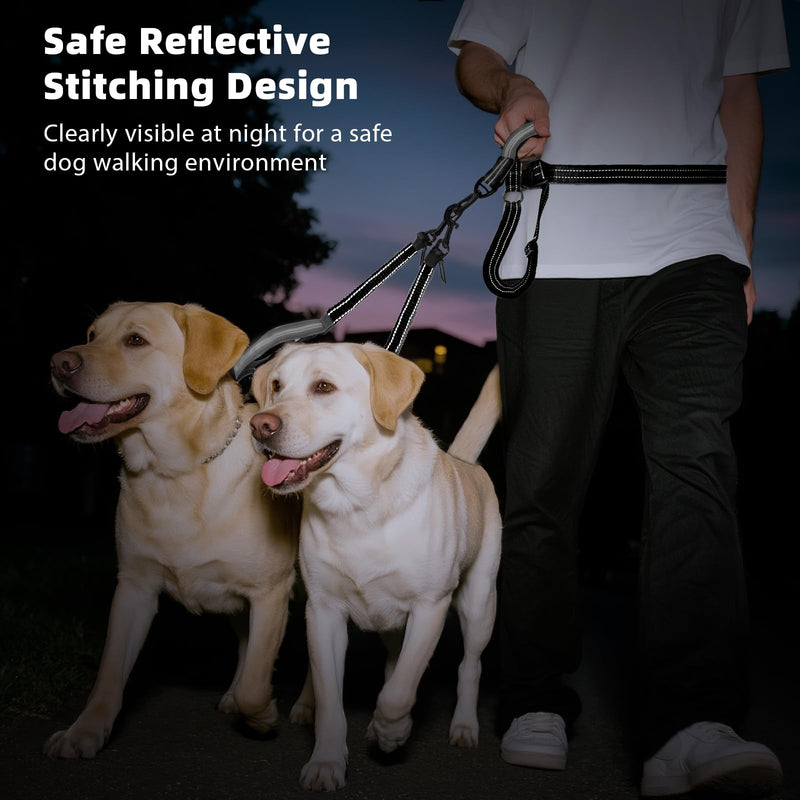 Hands Free Dog Leash, Waist Leash for 2 Dogs, Adjustable Double Hands Free Lead with Detachable Waist Belt, Padded Handles, Shock Absorbing Bungee for Walking Jogging Hiking, Black+Gray 6.9ft