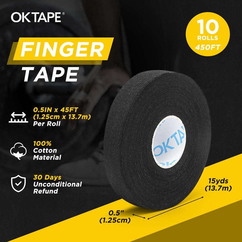OK TAPE Athletic Finger Tape (10Rolls 450FT), Finge Wrap Tape, Extra Strong Adhesive Finger Support and Protect Tape, Hand Grip Tape for Rock Climbing, MMA, Jiu Jitsu, Volleyball, Black 0.5" x 15yards - 10 Rolls - BeesActive Australia