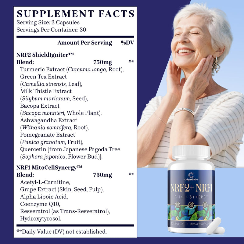 NRF1 & NRF2 Supplement 1500mg | Dual Pathway Antioxidant Formula with CoQ10, Curcumin, Trans-Resveratrol & Ashwagandha | Cellular Energy & Wellness Aging | 60 Capsules 60 Count (Pack of 1)