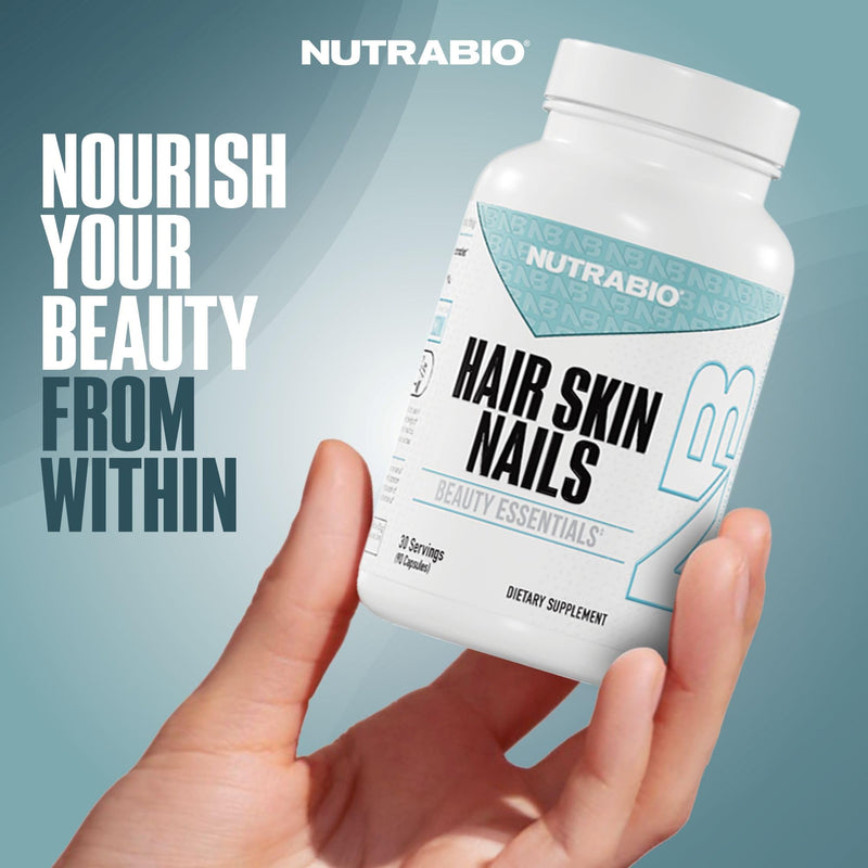 NutraBio Hair Skin Nails Vitamins, 90 Capsules | Enhanced Collagen Support, Skin Hydration, Hair Growth with Biotin, Keratin, Hyaluronic Acid