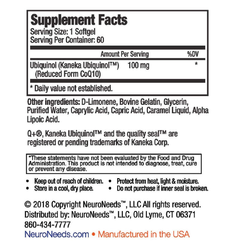 QNeeds® coqh-cf Ubiquinol 100 mg COQ10 Clinically Proven Enhanced Delivery for Maximum Absorption, Enhanced Mitochondrial Support, Antioxidant for Heart Health, 60 Count Softgels