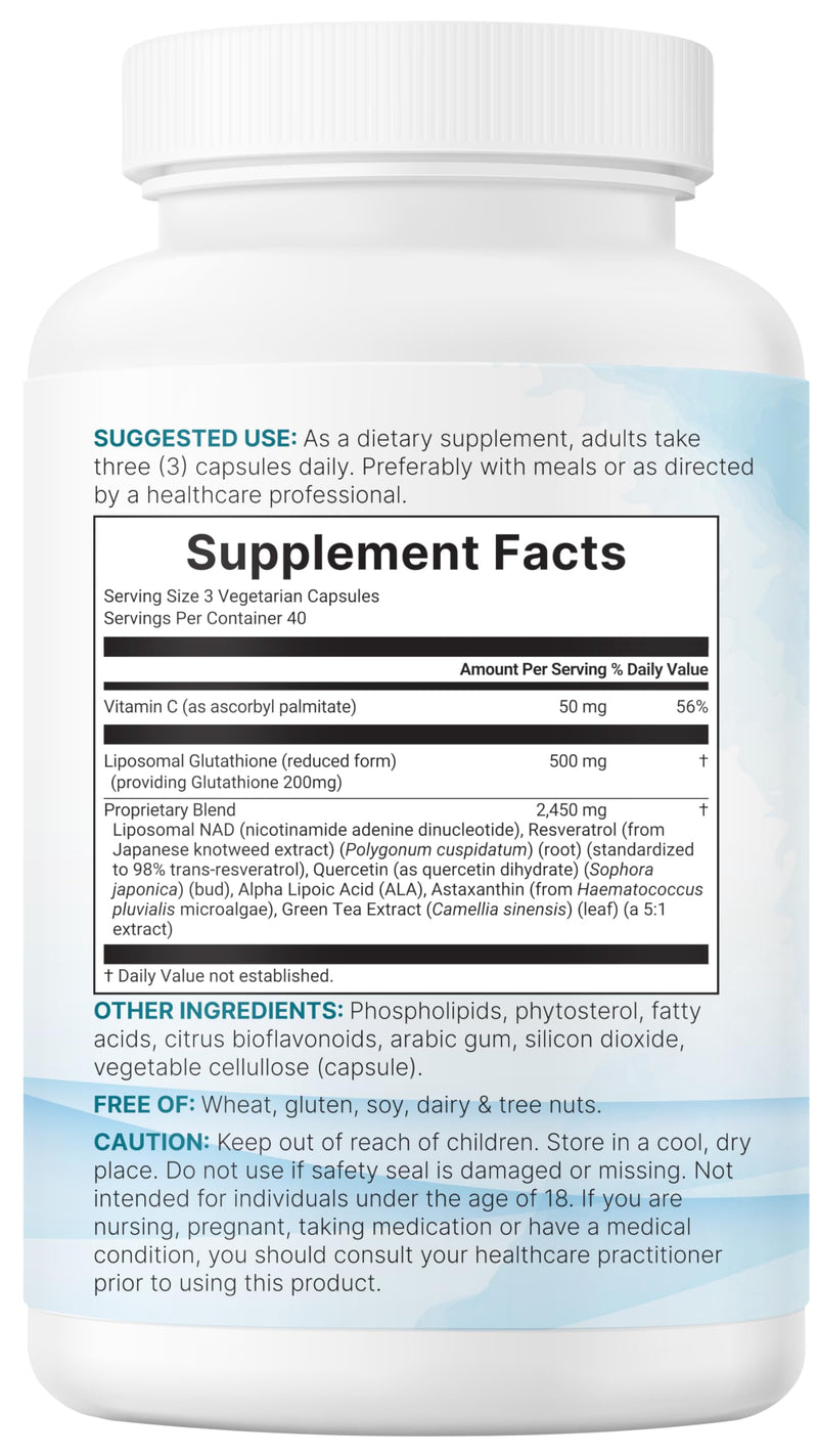 Micro Ingredients Liposomal Reduced Glutathione Complex 3,000mg - 8‑in‑1 Advanced Glutathione Supplement with NAD, Resveratrol, Quercetin, Alpha Lipoic Acid & Vitamin C - 120 Vegetarian Caps