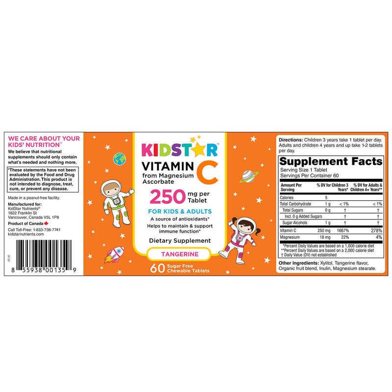 KidStar Nutrients Vitamin C Chewable Tablet, Sugar-Free, Tangerine Flavor, 250mg Magnesium Ascorbate, 60 CT