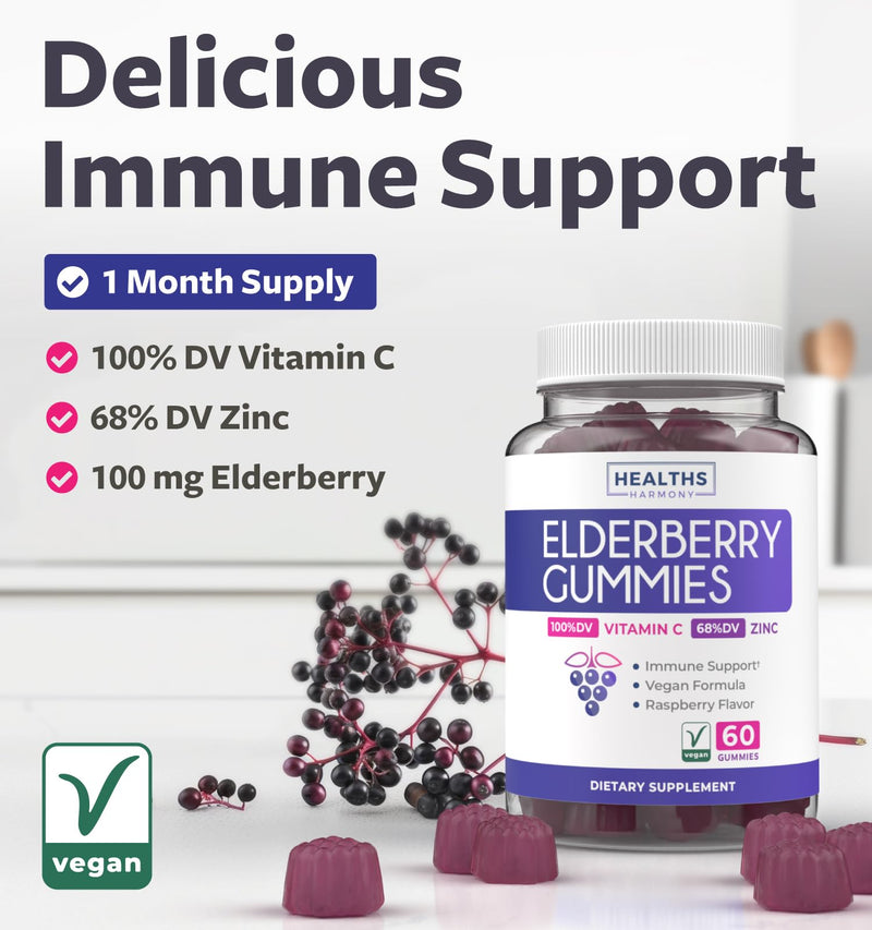 Vegan Sambucus Elderberry Gummies for Adults for Daily & Seasonal Wellness | Black Elderberry Vitamin C and Zinc Gummies - Delicious and Nutritious Immune Support Gummy Supplement (1 Month Supply) Adults 60 Count