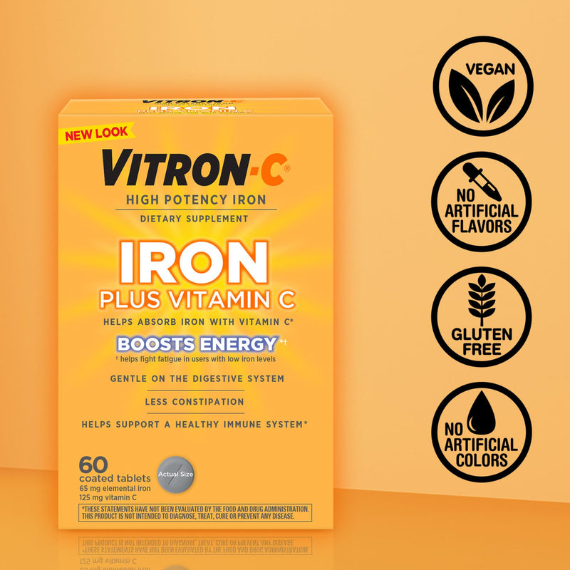 Vitron-C Iron Supplement, Once Daily, High Potency Iron Plus Vitamin C, Support Red Blood Cell Production, Dye Free Tablets, 60 Count, 2 Pack 60 Count (Pack of 2)