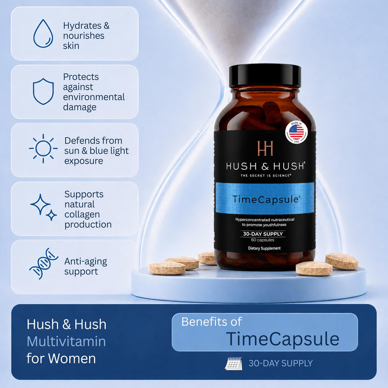 Hush & Hush TimeCapsule Healthy Aging Supplement with Collagen | Beauty multivitamin with marine collagen, hyaluronic acid, vitamin C & B12 to support skin glow and daily energy; 60 tablets