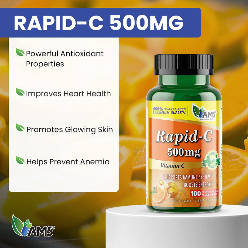America Medic & Science Rapid-C 500mg Vitamin C Supplement (1 Pack of 100 Tablets) Energy Booster, Daily Immune System Support, Antioxidant | Vegan, Non-GMO Coated Ascorbic Acid for Adult Men & Women 100 Count (Pack of 1)