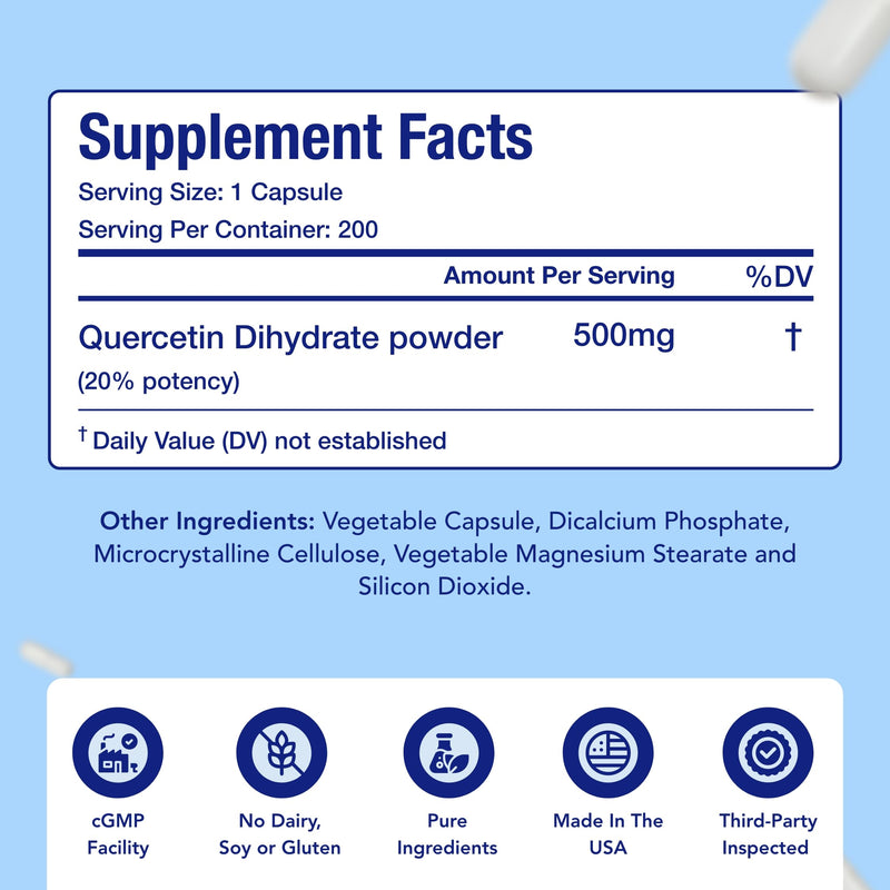 Quercetin 500mg Capsules | Vegan Friendly Quercetin Dihydrate High Potency Antioxidant Supplement for Skin Heart and Immune Support | Gluten-Free | Made in the USA in GMP Facilities (200 Servings)