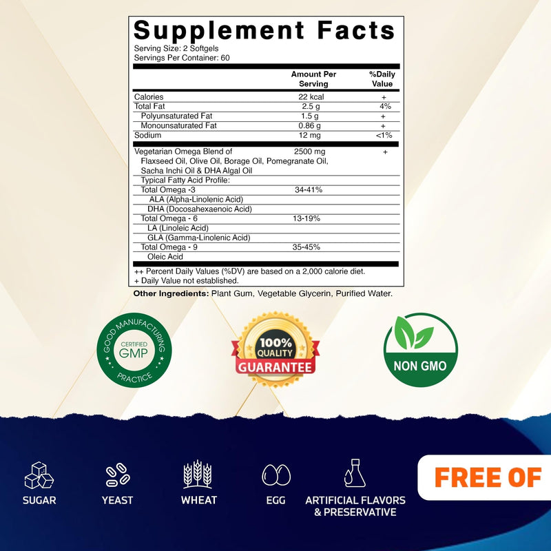Vitamatic Vegan Omega 3-6-9 Complex 1250mg | Flaxseed, Olive, Borage & Algae Oils | Plant-Based Omegas | 120 Softgels