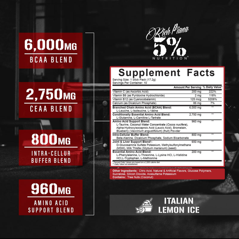 5% Nutrition Rich Piana AllDayYouMay BCAA Powder Stick Packs | Premium Intra & Post Workout Amino Acids, EAA, Electrolytes for Endurance, Hydration, Muscle Recovery (Italian Lemon Ice) (10 Count) Italian Lemon Ice (Non-Caffeinated)