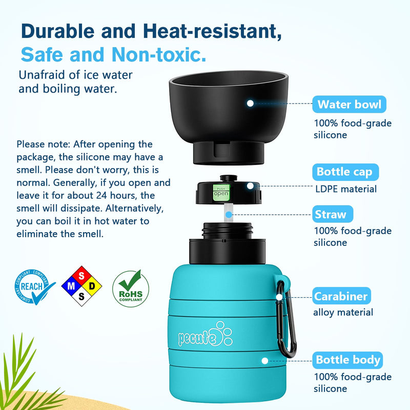 Pecute Dog Water Bottle Portable, 29oz Dog Foldable Water Bottle with Folding Bowl, Carabiner Clip, 5 Levels Capacity, 100% Food Grade Silicone, Dog Water Bottle for Outdoor Walking, Hiking, Travel Light Blue - BeesActive Australia
