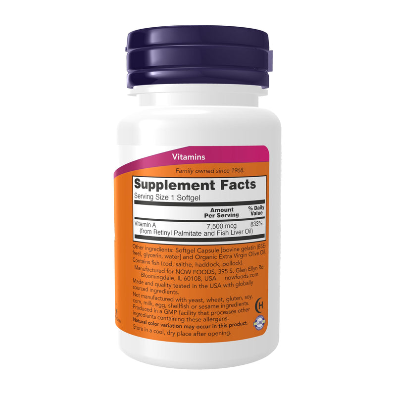 NOW Supplements, Vitamin A (Fish Liver Oil) 25,000 IU, Essential Nutrition, 100 Softgels 100 Count (Pack of 1)