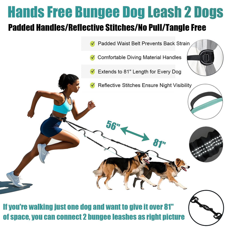 Hands Free Dog Leash with Pouch, Crossbody & Waist Leash for Dog Walking, No Pull Heavy Duty Bungee, Padded Handles & Reflective for Large Medium Dogs, Black Blue 1 Leash Black/Blue