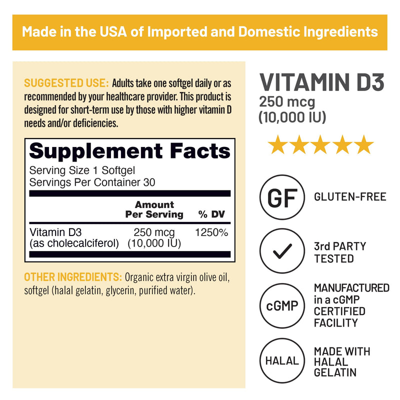 NatureWise Vitamin D3 10000IU Supplement, Immune Support, 30 Mini Softgels | High Potency D3 Supplement - 250 mcg Per Serving - Organic Extra Virgin Oilive Oil - Muscle Health Support - 30-Day Supply 30 Count (Pack of 1) 10000 IU