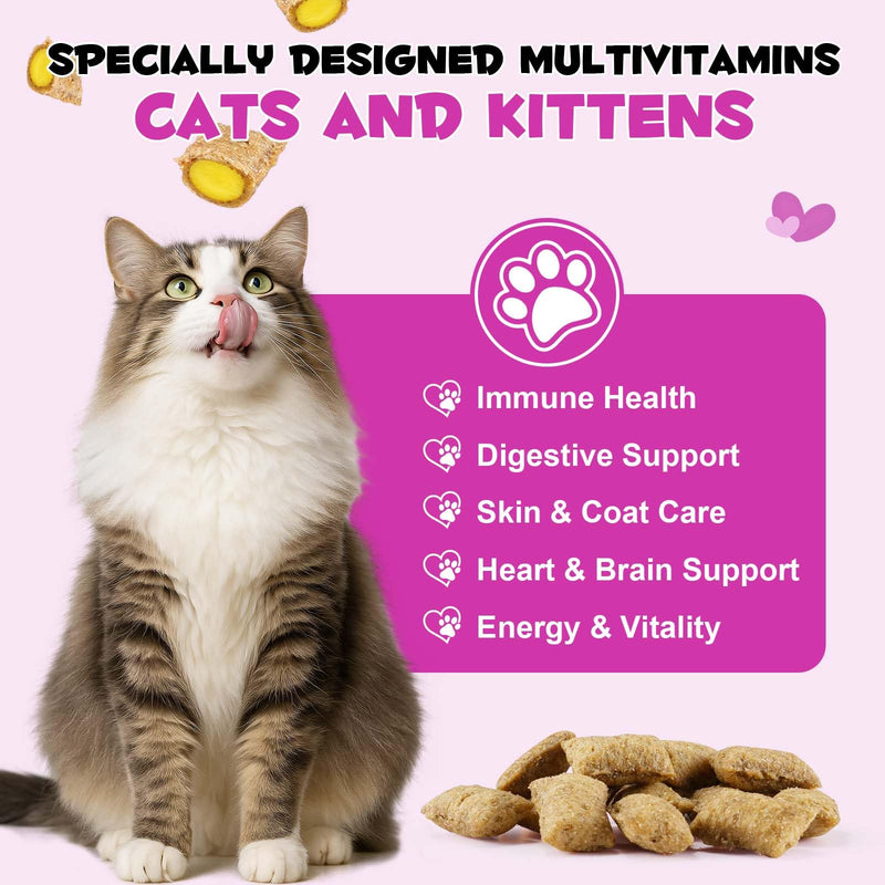 Cat Vitamins, 15 in 1 Cat Multivitamin Treats, Cats Vitamin and Supplements, Crunchy Outside & Soft Inside, Joint, Skin & Coat, Bladder, Immune System Support, Multivitamins for Cats & Kittens 3.7 OZ