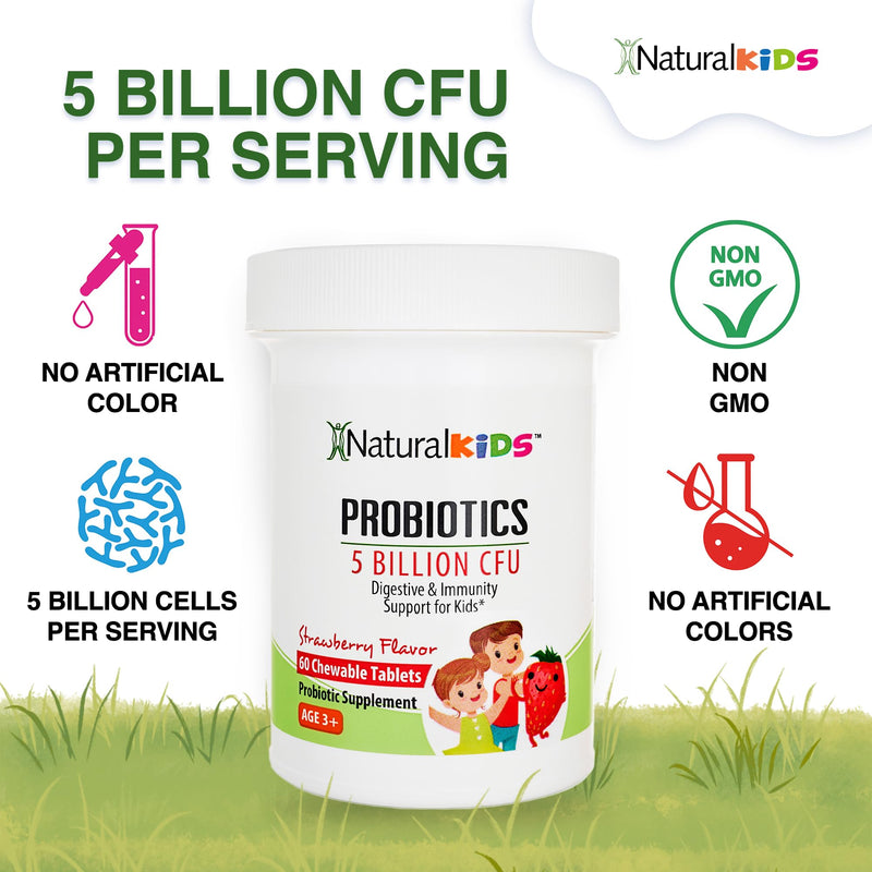 NaturalSlim Kids Probiotics for Digestive & Gut Health, Immune Support, 5 Billion CFU with LGG, BB-12 & 4 Probiotic Strains, 35 mg Calcium, for Children Ages 3+, Strawberry Flavor, 60 Chewable Tablets | Digestive Health, Immune Support, Kids Gut Health...