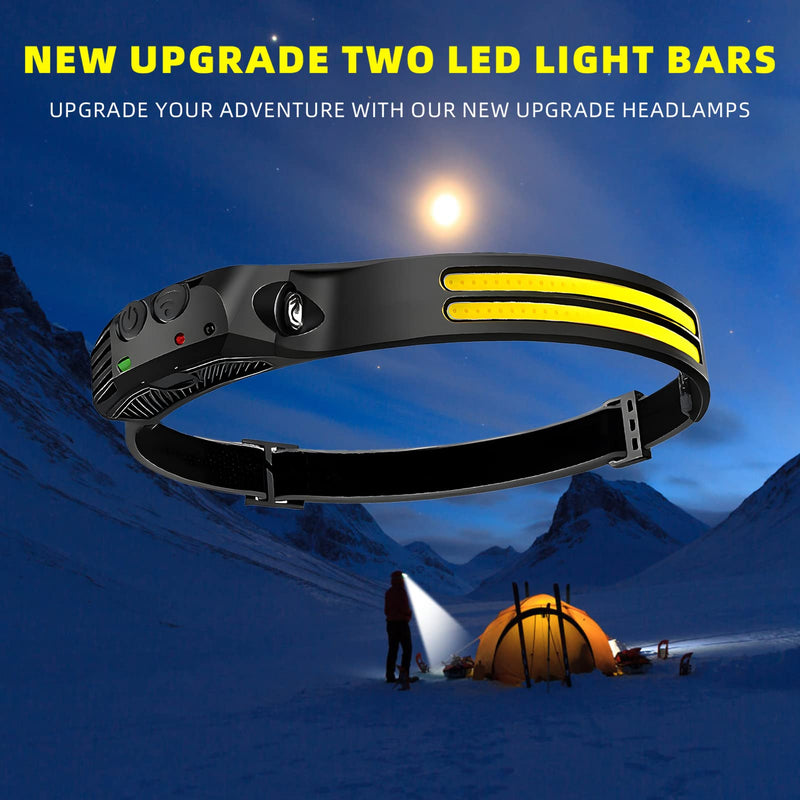 LED Headlamp Rechargeable 4PCS - 230° COB Super Bright Head Lights for Forehead, Hard hat Light for Adults, USB C Headband Flashlight for Work, Hiking, Running, Camping Essentials Gear Black 4 Pack - New Upgrade II Dual-Led Strip